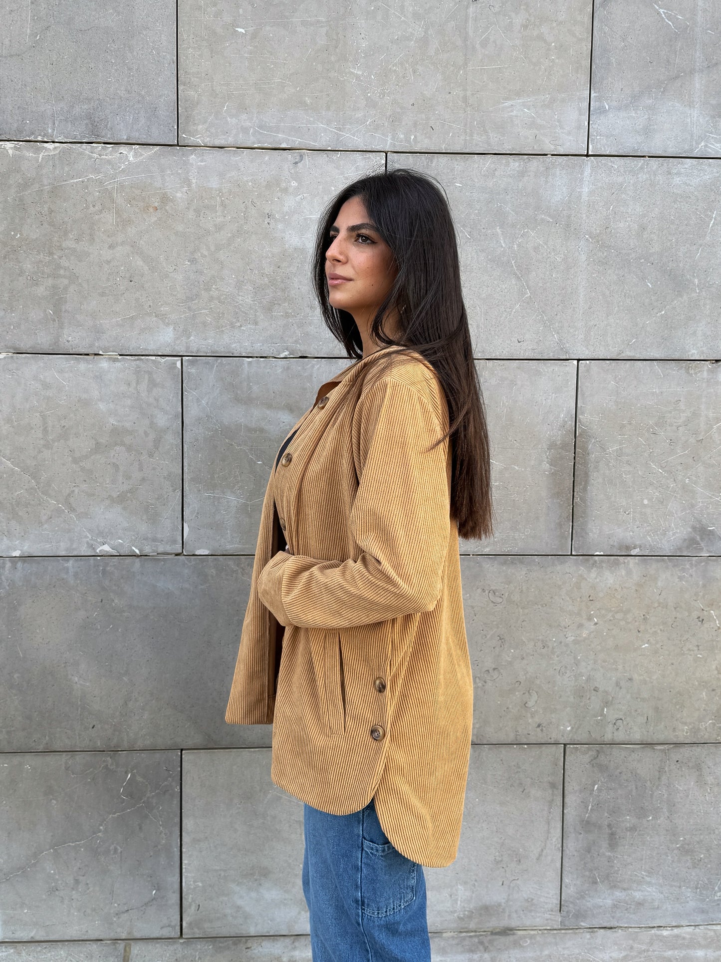 Beige button hooded corduroy