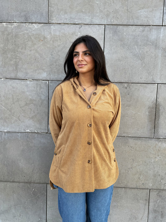 Beige button hooded corduroy