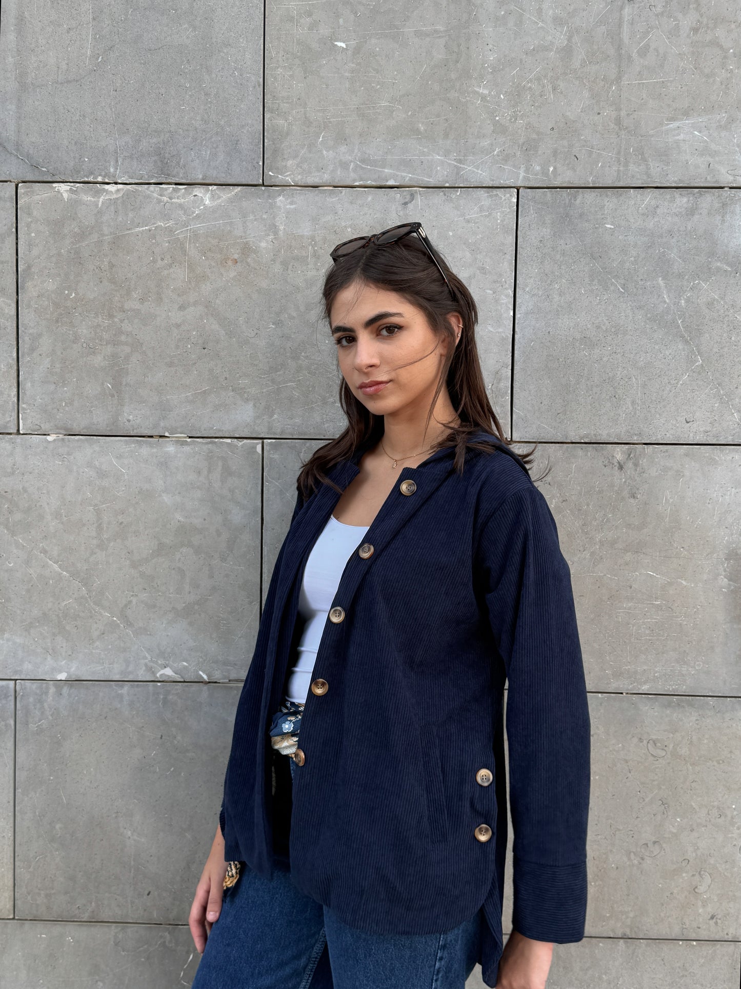 Navy blue button hooded corduroy jacket