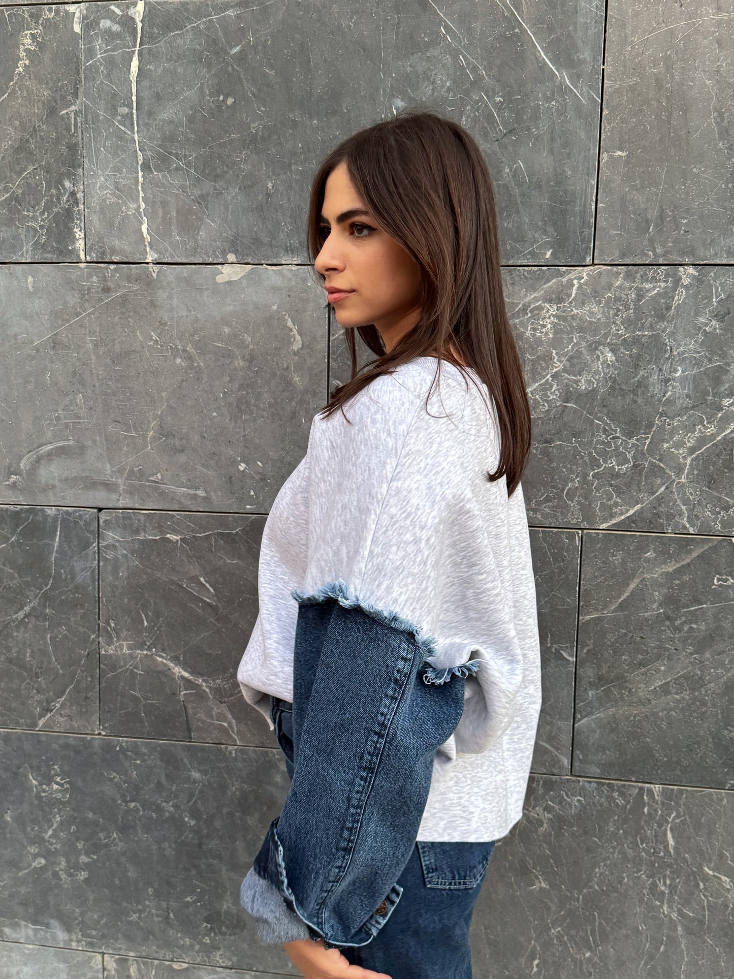 Denim Sleve Scuba Jumper - Light Grey