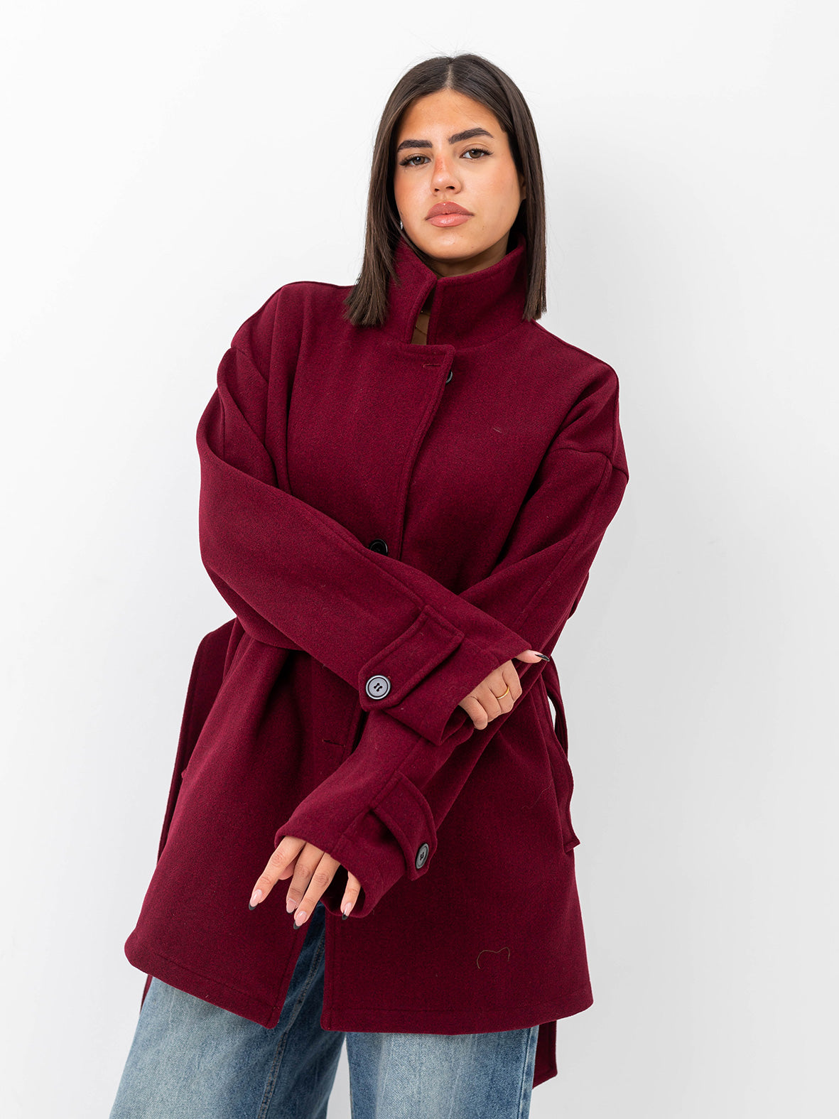 Belted cozy coat-burgandy