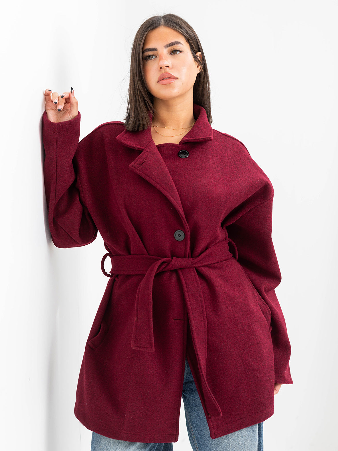 Belted cozy coat-burgandy