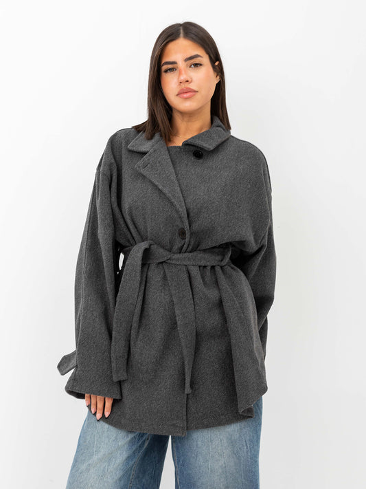 Belted cozy coat-dark gray