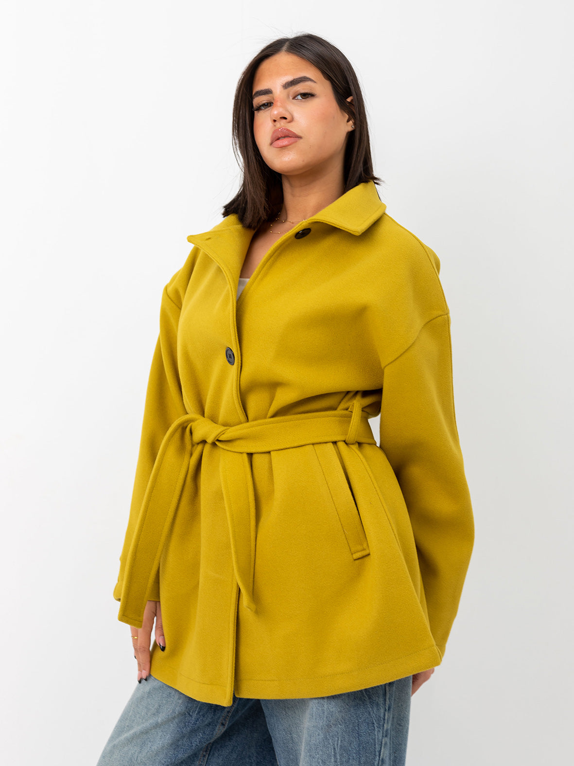 Belted cozy coat-mustard
