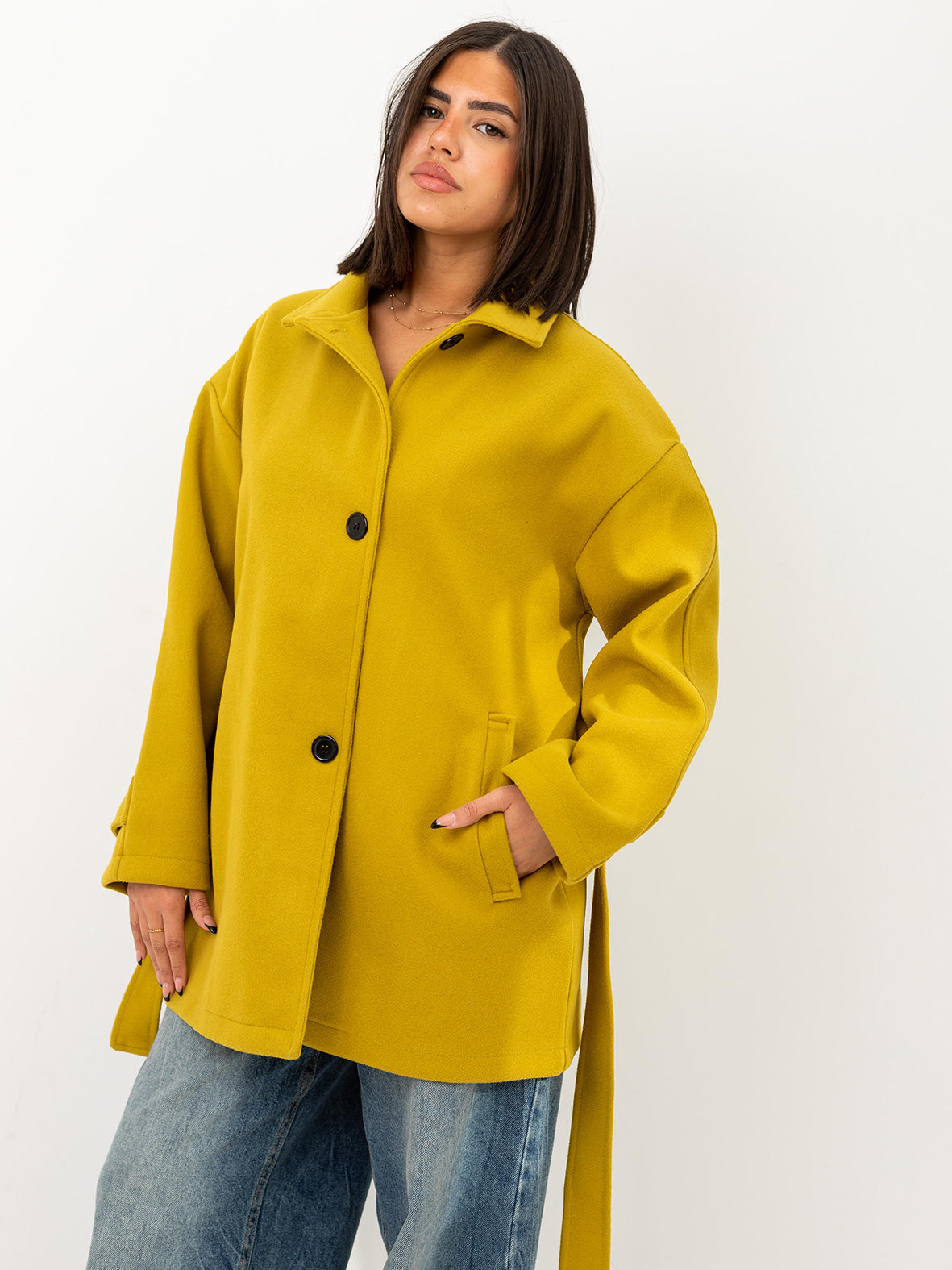 Belted cozy coat-mustard