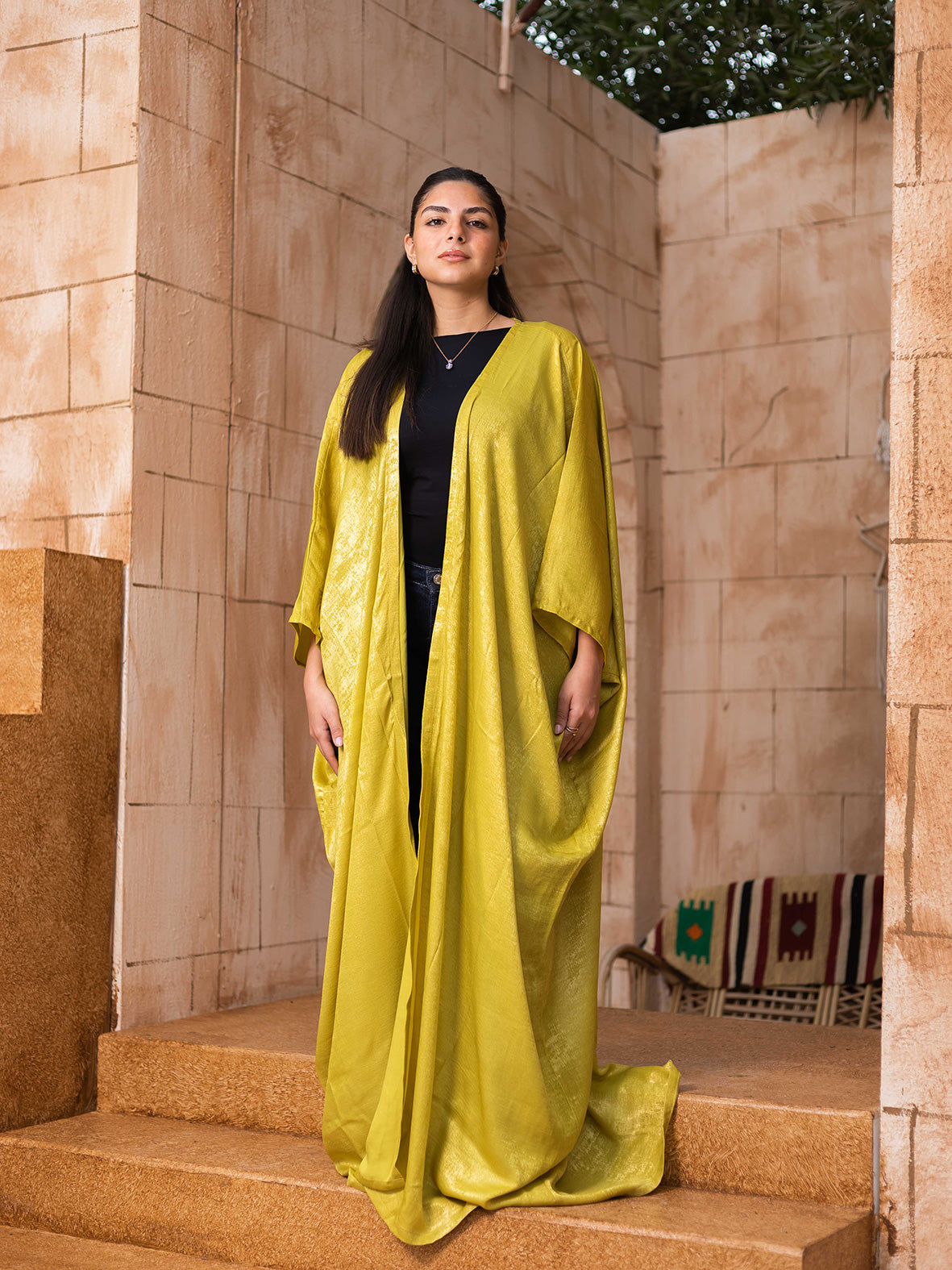 Yellow metallic open abaya