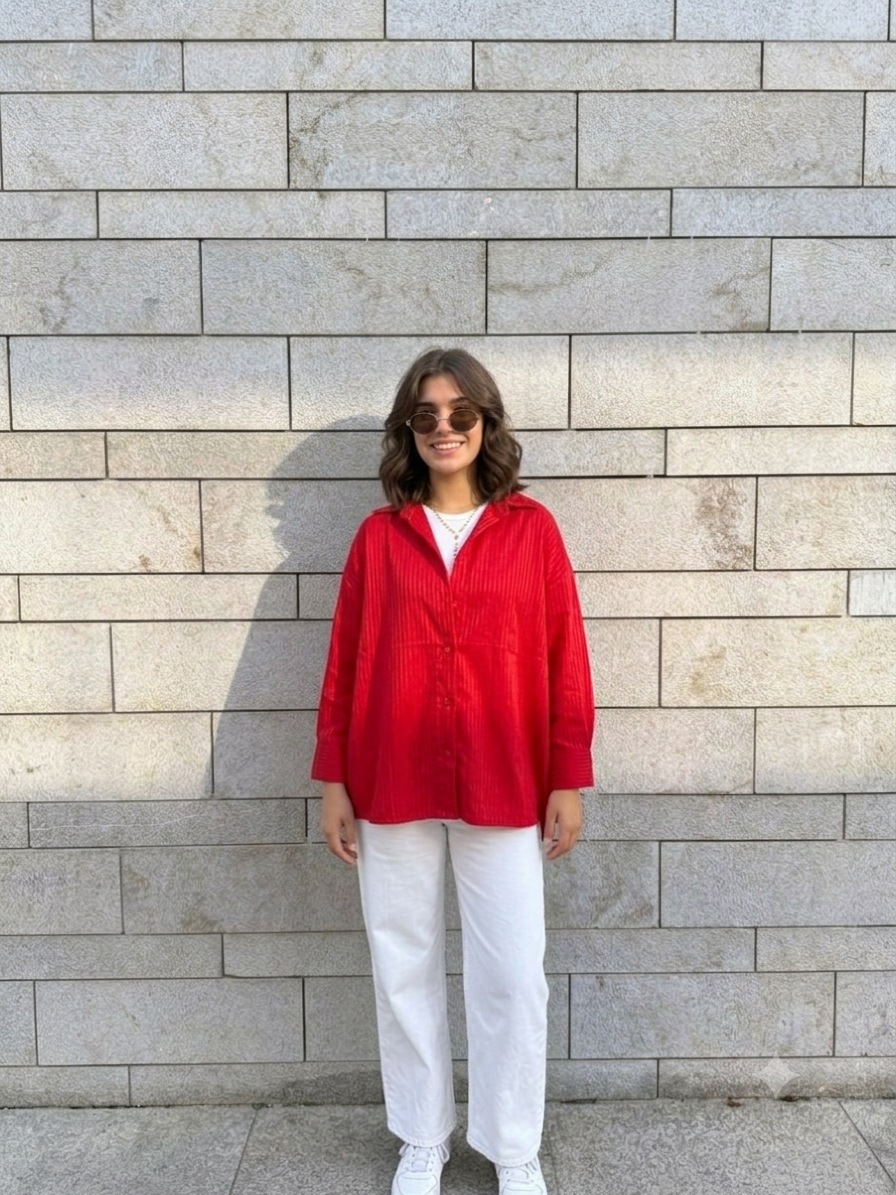 Pinstrip oversize vibrant red shirt