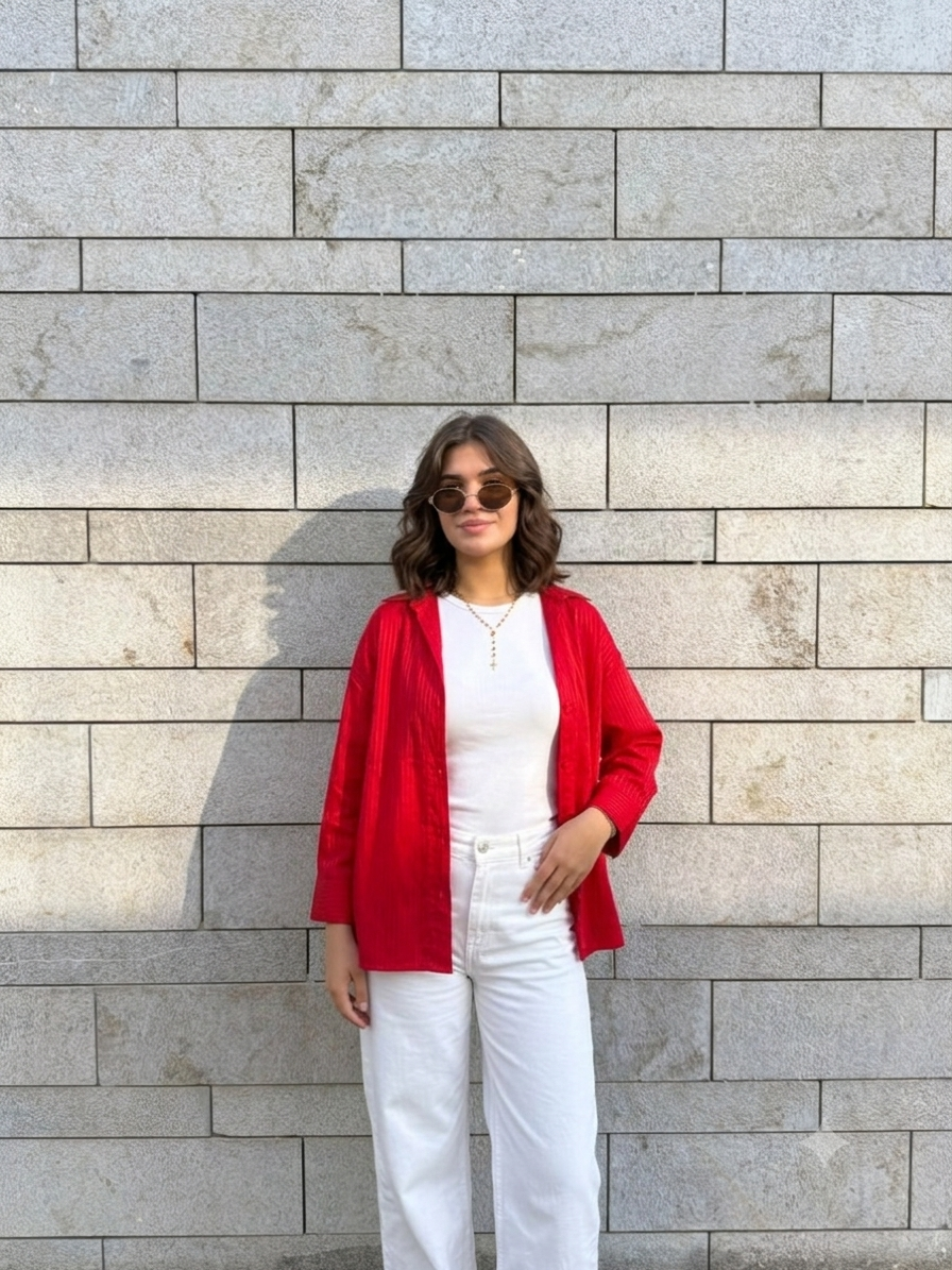 Pinstrip oversize vibrant red shirt