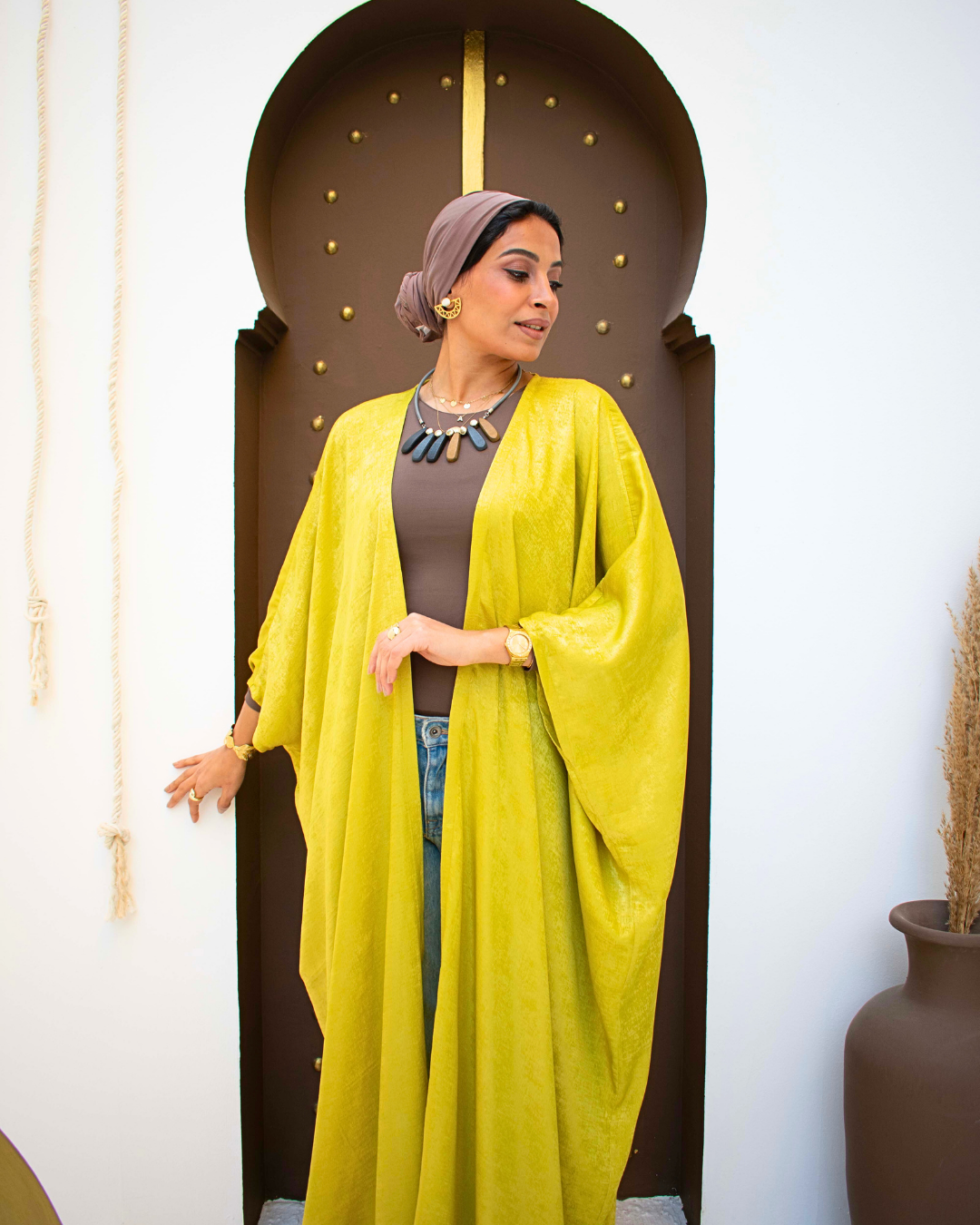 Yellow metallic open abaya
