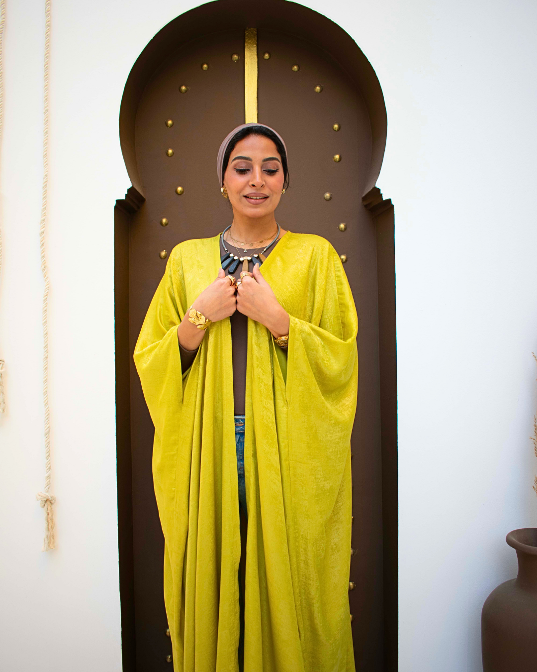 Yellow metallic open abaya