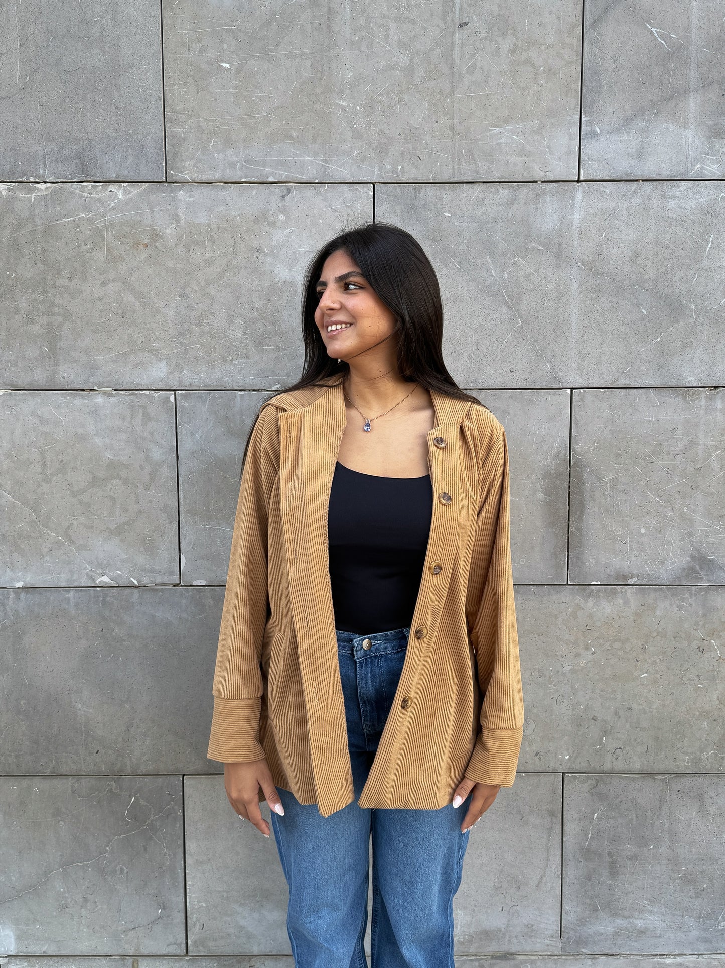 Beige button hooded corduroy