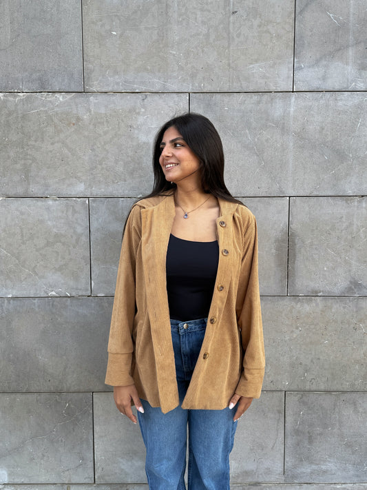 Beige button hooded corduroy