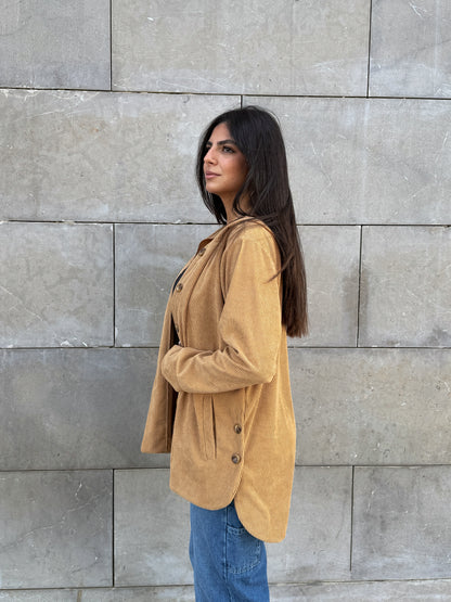 Beige button hooded corduroy