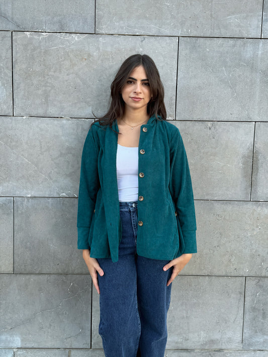 Teal Button hooded corduroy jacket