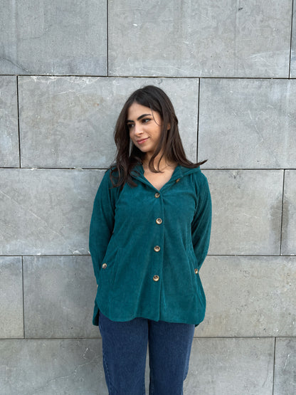 Teal Button hooded corduroy jacket