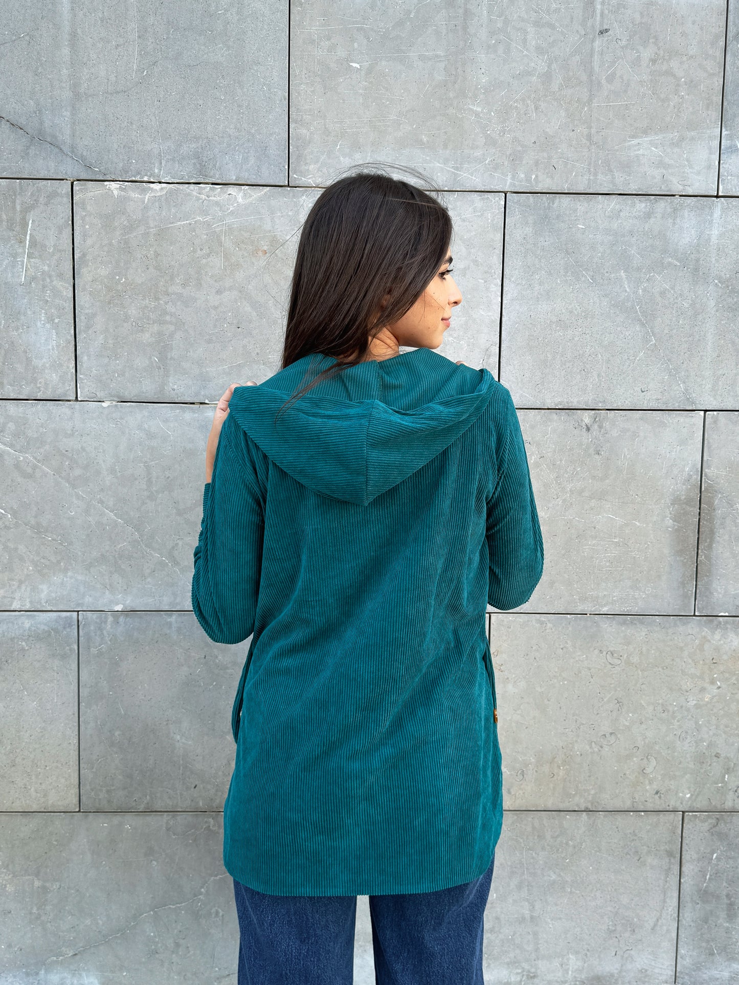 Teal Button hooded corduroy jacket
