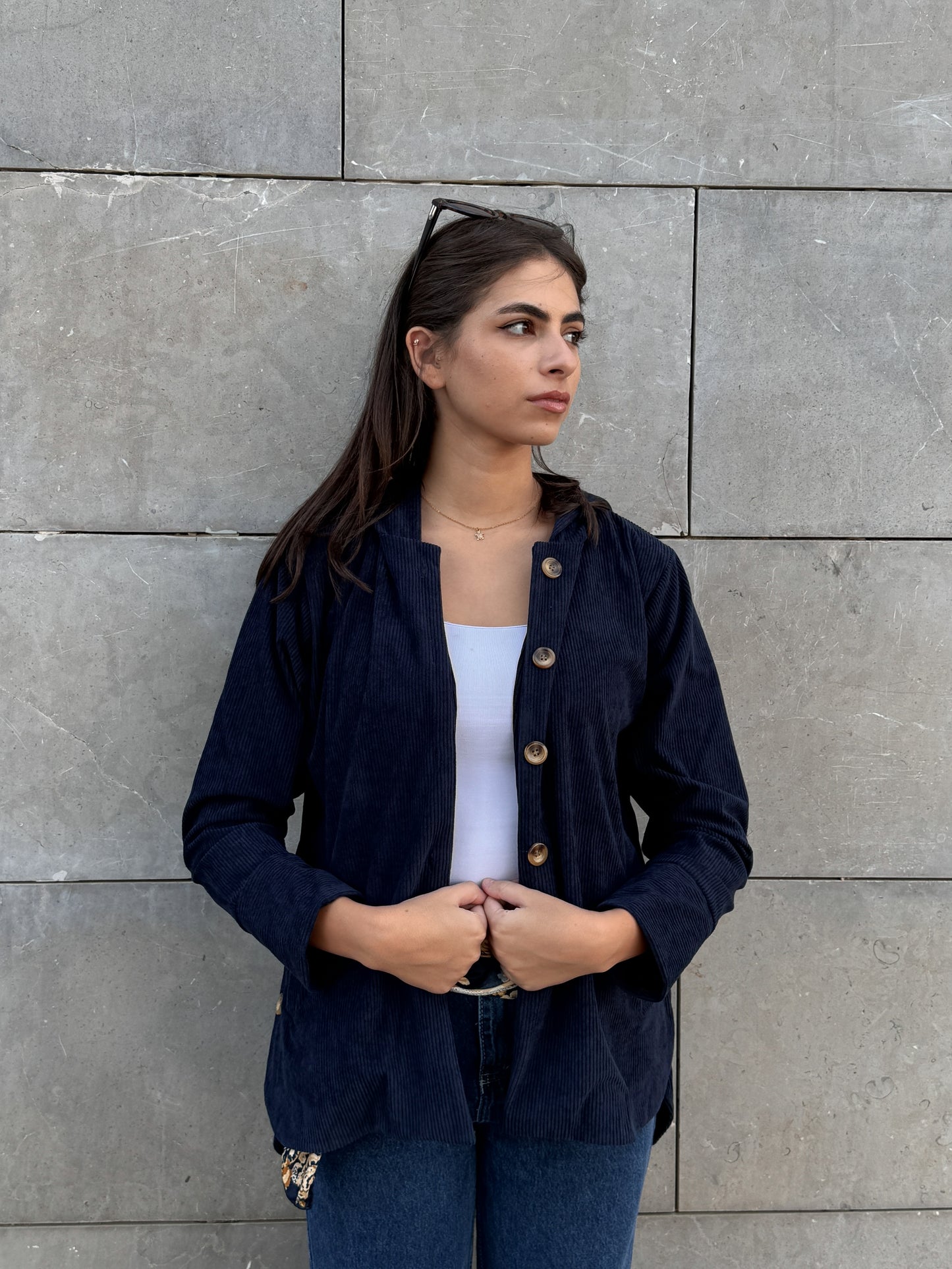 Navy blue button hooded corduroy jacket