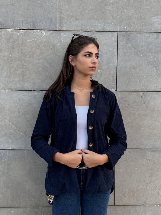 Navy blue button hooded corduroy jacket