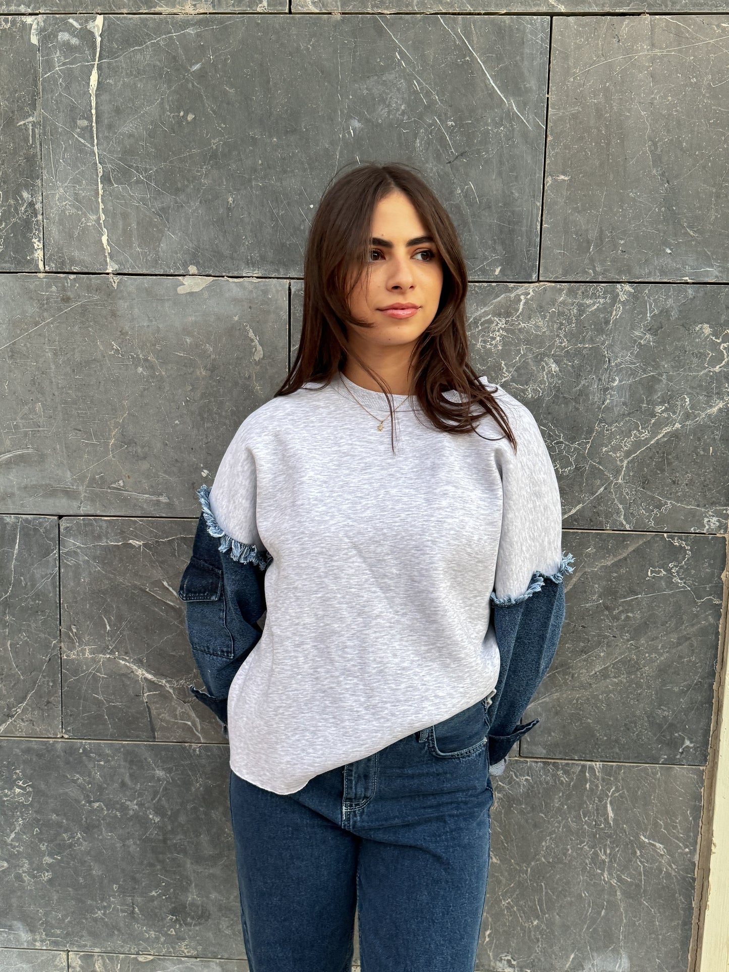 Denim Sleve Scuba Jumper - Light Grey