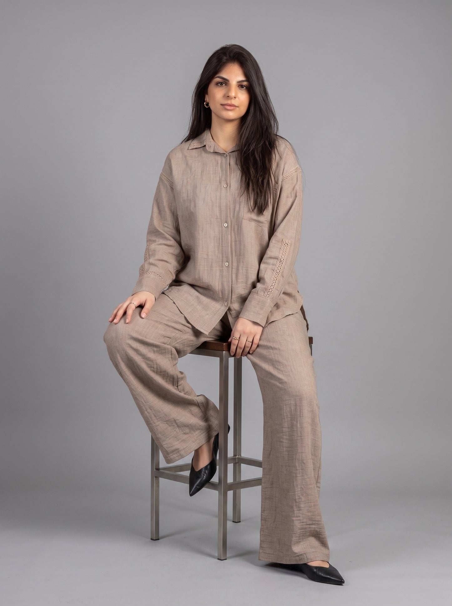 Embroidery linen beige set