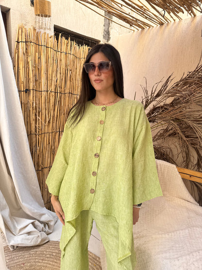 Lime linen wooden bottom set