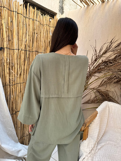 Olive linen wooden bottom set