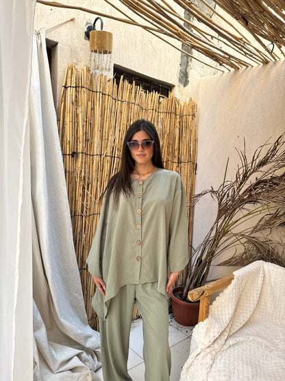 Olive linen wooden bottom set